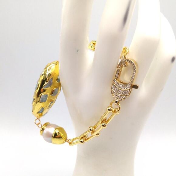 Gold Plated Larimar Gemstone Pearl Bracelet, 8 1/2 Inches, Rhinestone Clasp - Picture 4 of 10